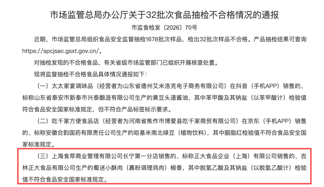 小酥肉检出禁用防腐剂“脱氢乙酸”，正大食品被市场监管总局通报 (http://www.kingbaby.com.cn/) wap 第1张